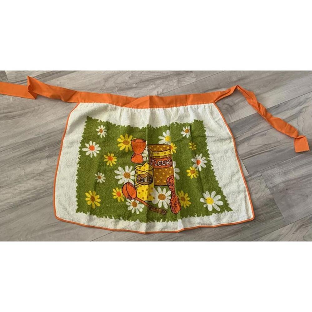 TOWEL APRON by Cannon Vintage MCM Orange Green Yellow 1970s Daisies